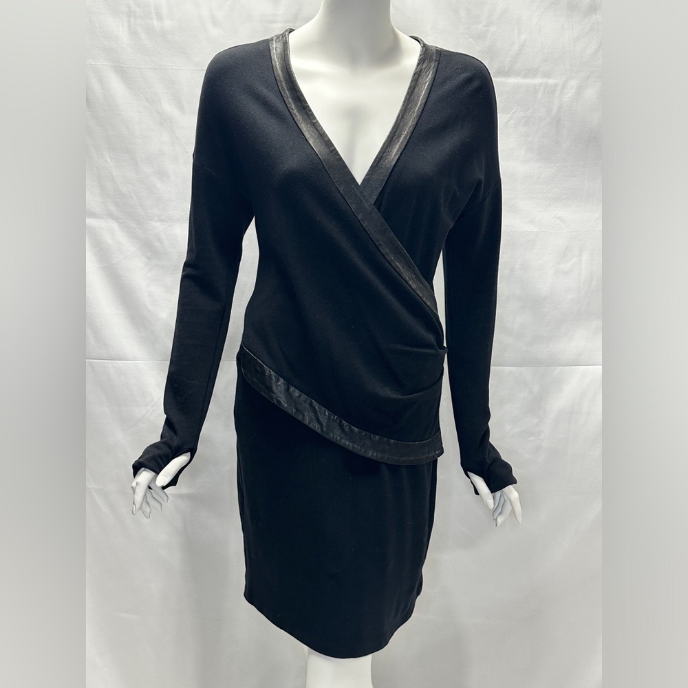 PI Black Long Sleeved Leather Trimmed Sweater Dress Size Medium